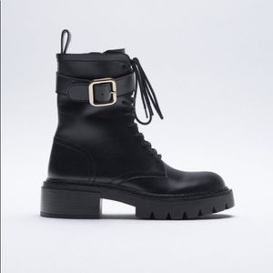 Zara Low Heeled Leather Ankle Boots w/Buckle Color Black Size 9 NWT